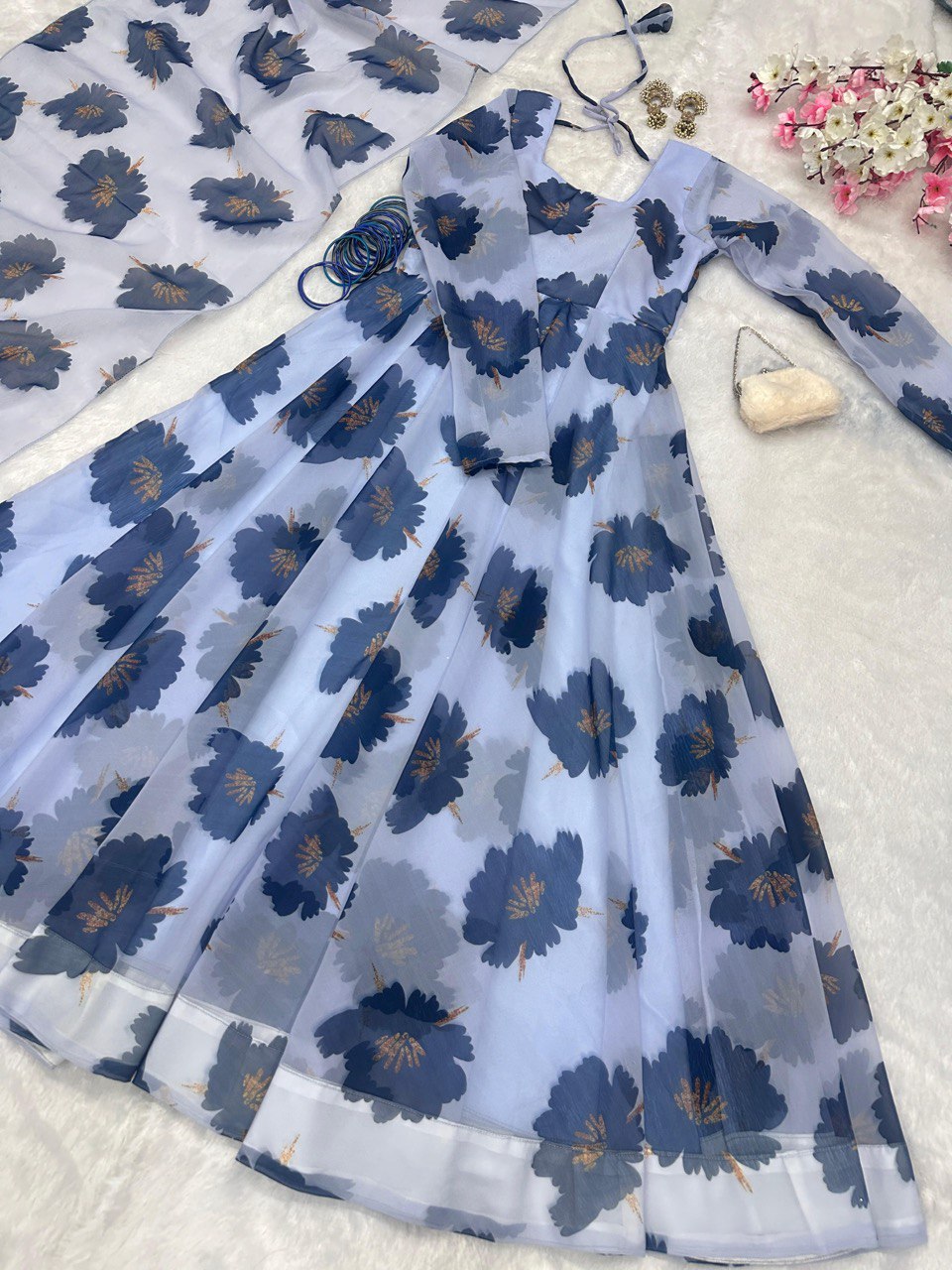 Dusty Blue Elegant Digital Print Anarkali Gown with Dupatta – A Perfect Blend of Tradition & Modernity