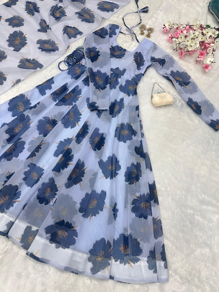 Dusty Blue Elegant Digital Print Anarkali Gown with Dupatta – A Perfect Blend of Tradition & Modernity
