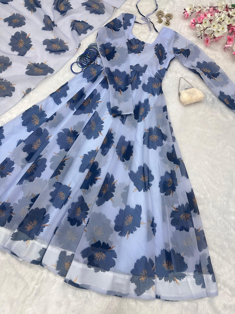 Dusty Blue Elegant Digital Print Anarkali Gown with Dupatta – A Perfect Blend of Tradition & Modernity