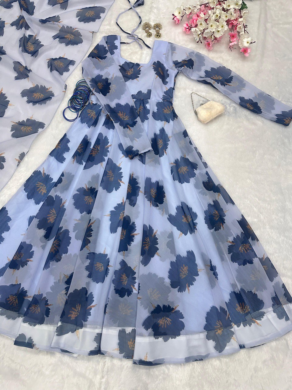 Dusty Blue Elegant Digital Print Anarkali Gown with Dupatta – A Perfect Blend of Tradition & Modernity
