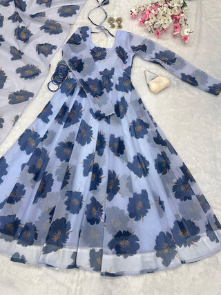Dusty Blue Elegant Digital Print Anarkali Gown with Dupatta – A Perfect Blend of Tradition & Modernity