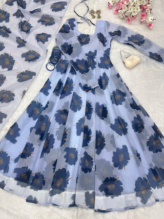 Dusty Blue Elegant Digital Print Anarkali Gown with Dupatta – A Perfect Blend of Tradition & Modernity