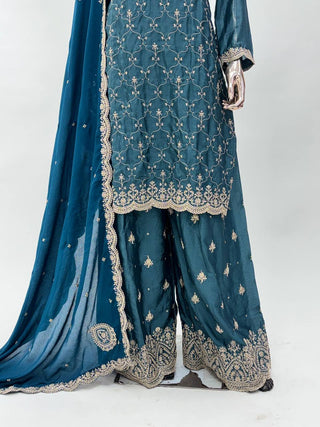 Dusty Blue Elegant Embroidered Chinon Suit Set – Full Stitched ClothsVilla