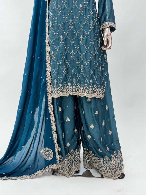 Dusty Blue Elegant Embroidered Chinon Suit Set – Full Stitched ClothsVilla