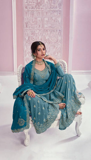 Dusty Blue Elegant Embroidered Chinon Suit Set – Full Stitched ClothsVilla