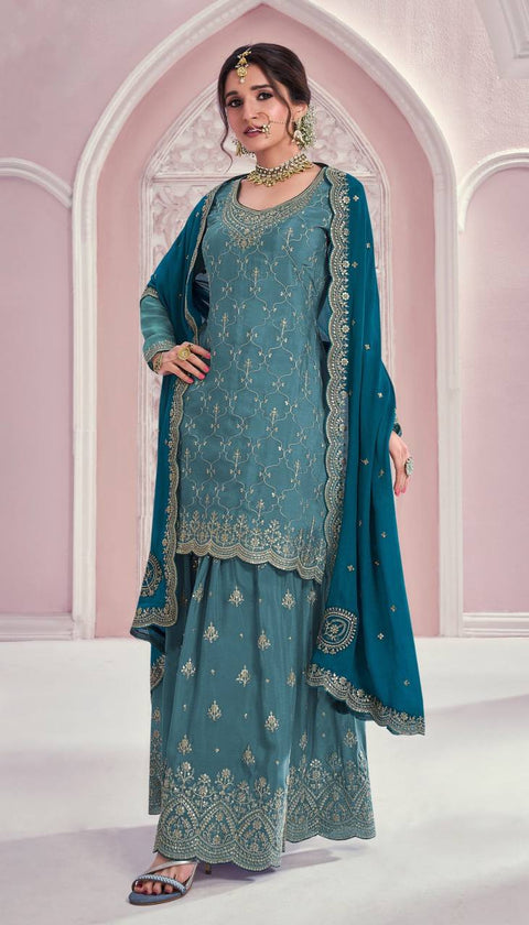 Dusty Blue Elegant Embroidered Chinon Suit Set – Full Stitched ClothsVilla Main image