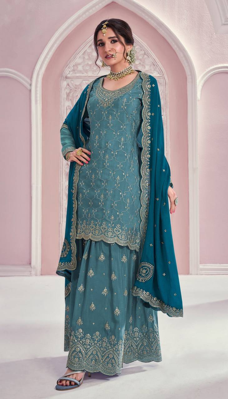 Dusty Blue Elegant Embroidered Chinon Suit Set – Full Stitched ClothsVilla Main image