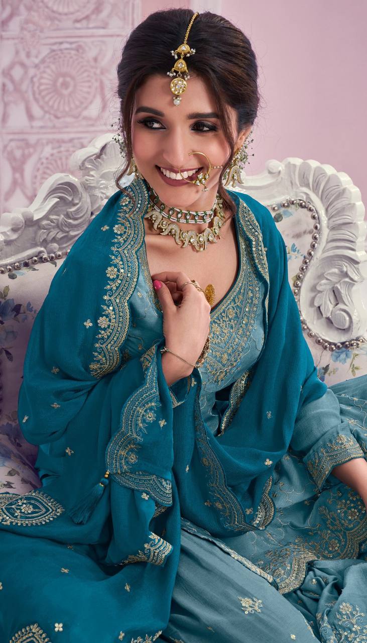 Dusty Blue Elegant Embroidered Chinon Suit Set – Full Stitched ClothsVilla