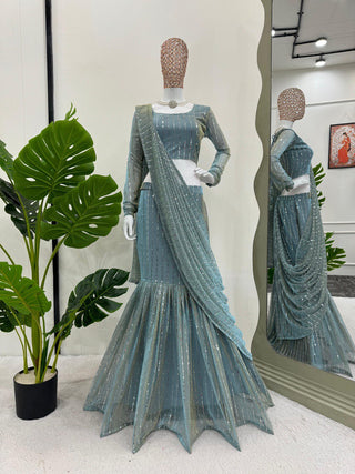 Dusty Blue Elegant Lycra Lehenga Saree with Fancy Choli – Ready to Wear ClothsVilla