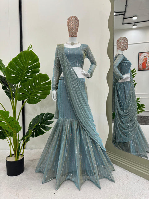 Dusty Blue Elegant Lycra Lehenga Saree with Fancy Choli – Ready to Wear ClothsVilla Main image