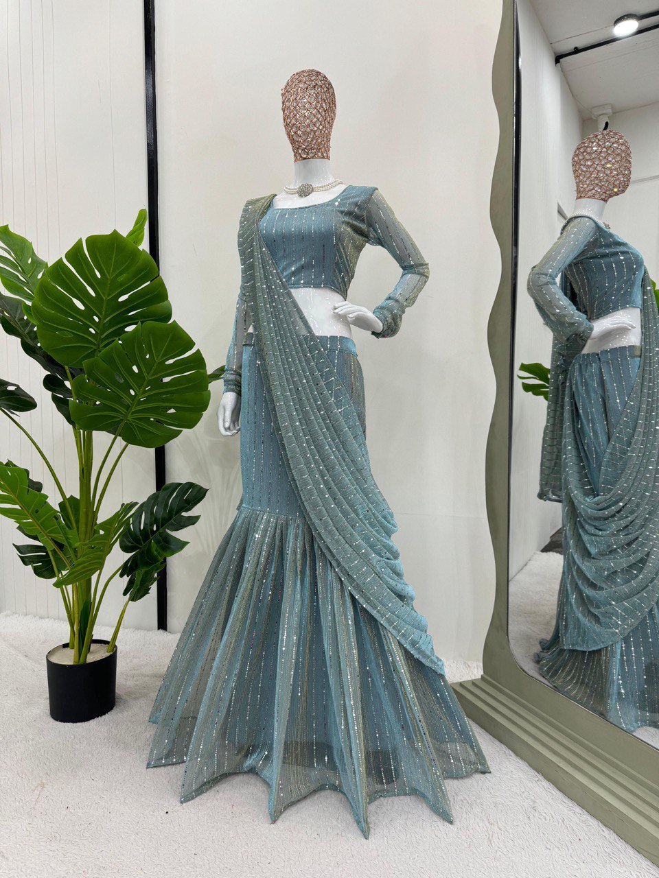 Dusty Blue Elegant Lycra Lehenga Saree with Fancy Choli – Ready to Wear ClothsVilla