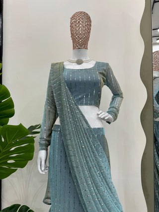 Dusty Blue Elegant Lycra Lehenga Saree with Fancy Choli – Ready to Wear ClothsVilla