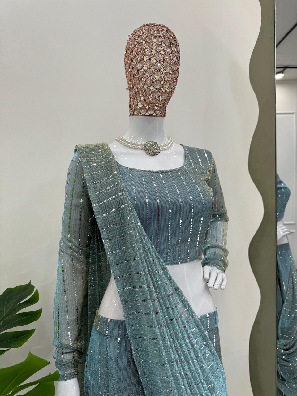 Dusty Blue Elegant Lycra Lehenga Saree with Fancy Choli – Ready to Wear ClothsVilla