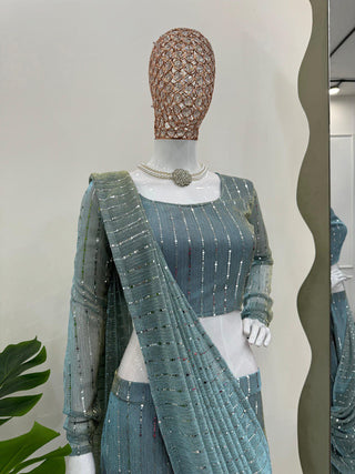 Dusty Blue Elegant Lycra Lehenga Saree with Fancy Choli – Ready to Wear ClothsVilla