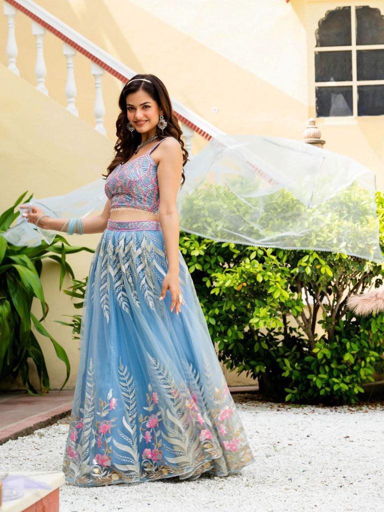 Dusty Blue Elegant Net Lehenga with Zari, Sequin & Embroidery Work Semi-Stitched Lehenga with Matching Unstitched Blouse ClothsVilla