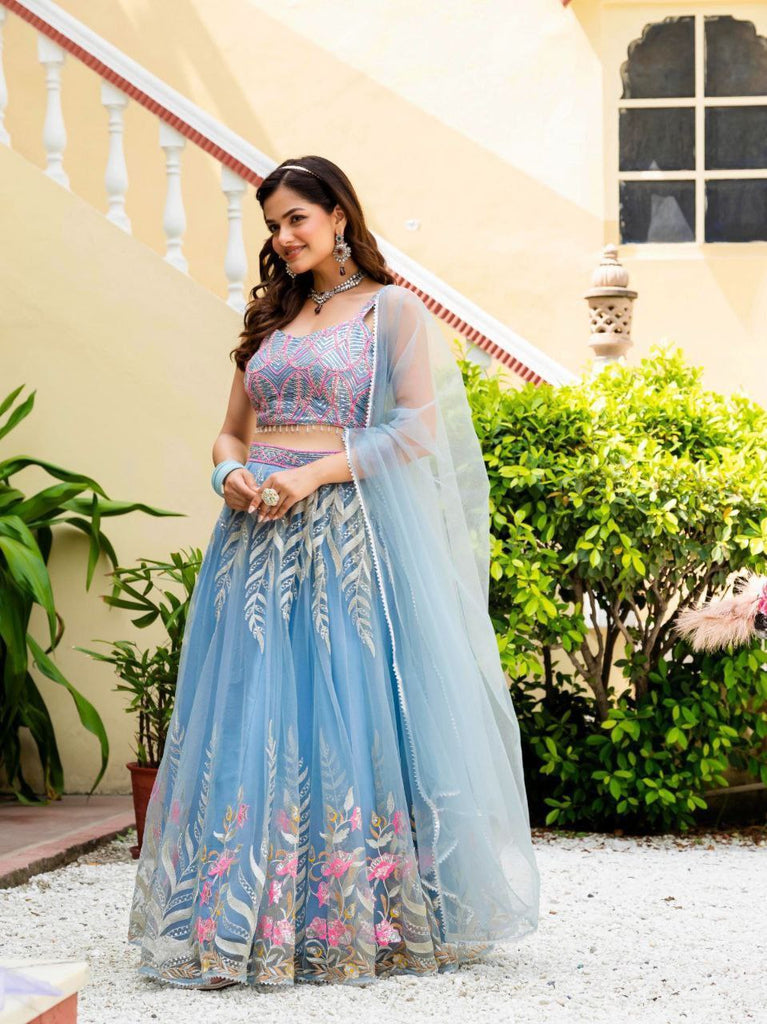 Dusty Blue Elegant Net Lehenga with Zari, Sequin & Embroidery Work Semi-Stitched Lehenga with Matching Unstitched Blouse ClothsVilla