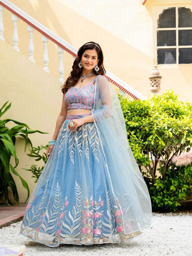 Dusty Blue Elegant Net Lehenga with Zari, Sequin & Embroidery Work Semi-Stitched Lehenga with Matching Unstitched Blouse ClothsVilla