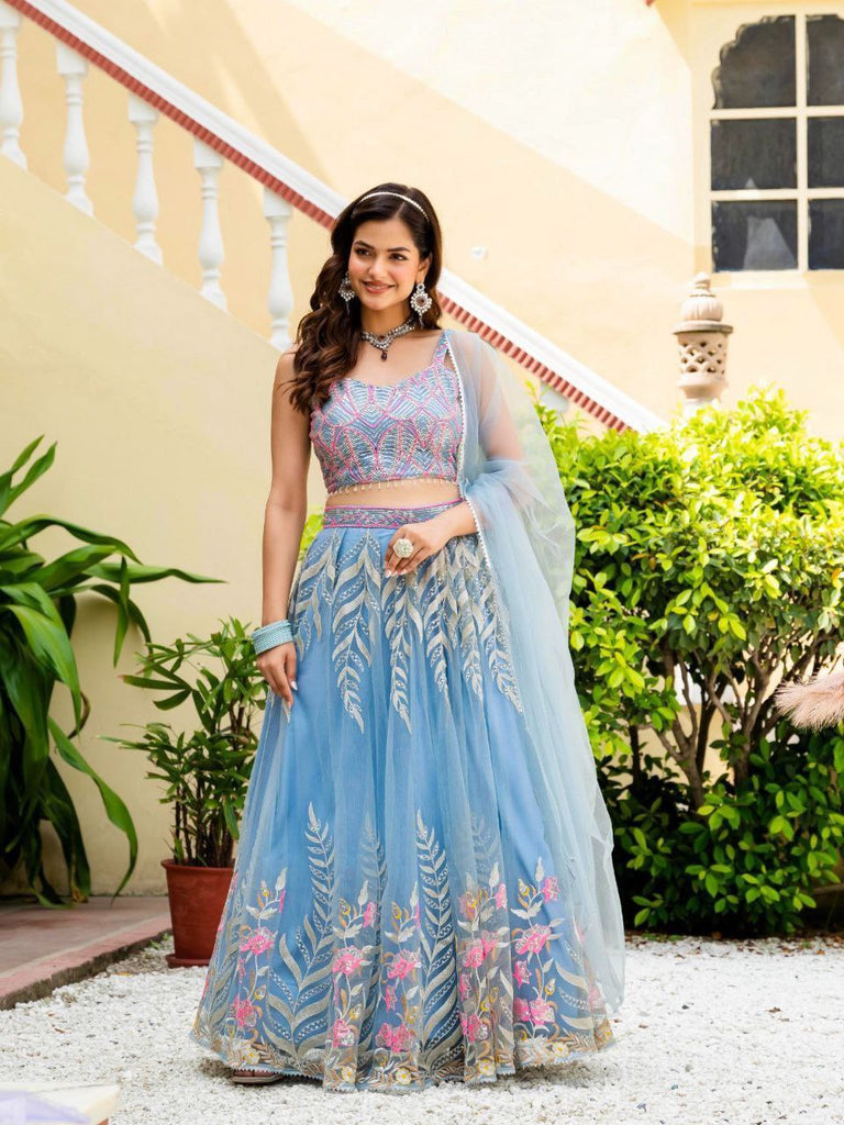 Dusty Blue Elegant Net Lehenga with Zari, Sequin & Embroidery Work Semi-Stitched Lehenga with Matching Unstitched Blouse ClothsVilla