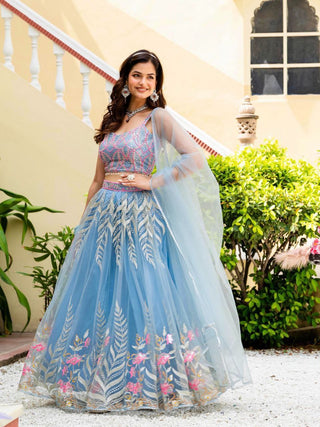 Dusty Blue Elegant Net Lehenga with Zari, Sequin & Embroidery Work Semi-Stitched Lehenga with Matching Unstitched Blouse ClothsVilla