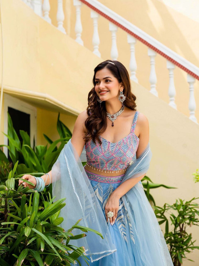 Dusty Blue Elegant Net Lehenga with Zari, Sequin & Embroidery Work Semi-Stitched Lehenga with Matching Unstitched Blouse ClothsVilla