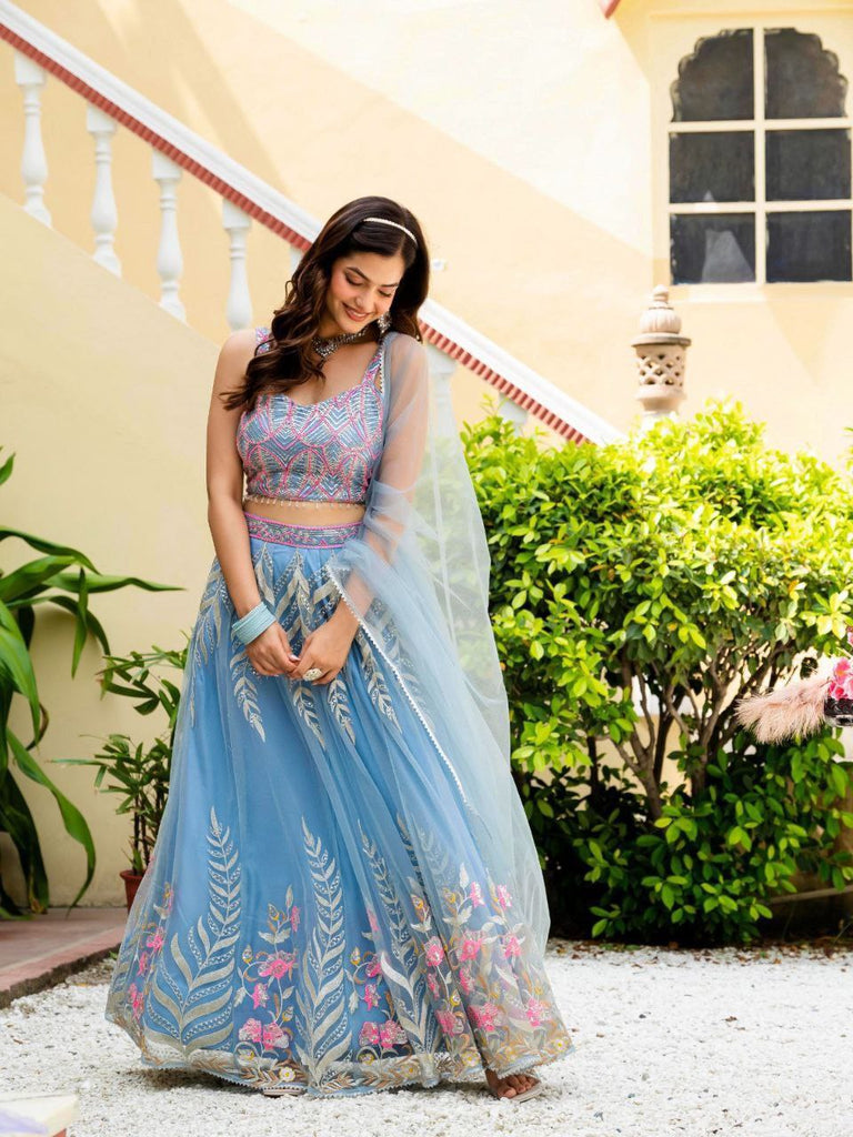 Dusty Blue Elegant Net Lehenga with Zari, Sequin & Embroidery Work Semi-Stitched Lehenga with Matching Unstitched Blouse ClothsVilla