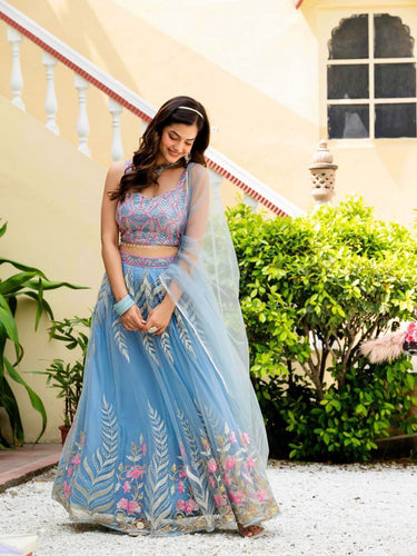 Dusty Blue Elegant Net Lehenga with Zari, Sequin & Embroidery Work Semi-Stitched Lehenga with Matching Unstitched Blouse ClothsVilla