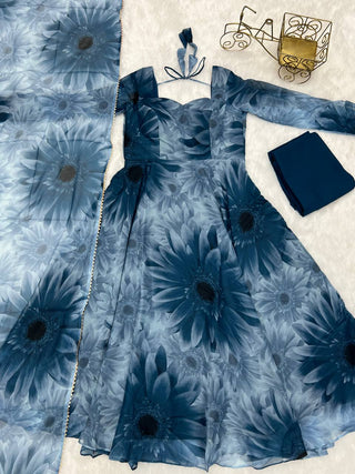 Dusty Blue Elegant Prussian Blue Anarkali Set – Lightweight Chiffon with Dupatta & Pant