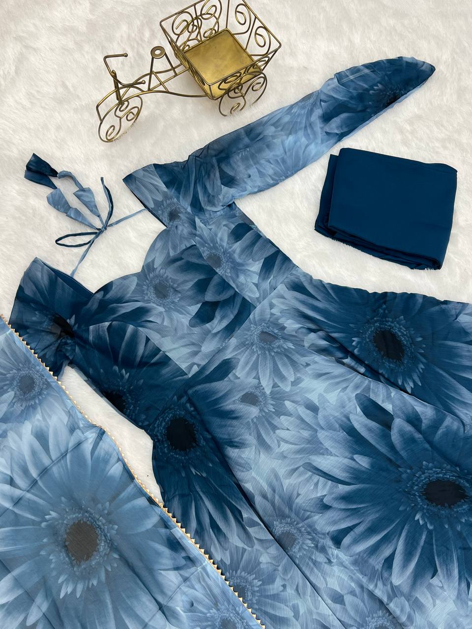 Dusty Blue Elegant Prussian Blue Anarkali Set – Lightweight Chiffon with Dupatta & Pant