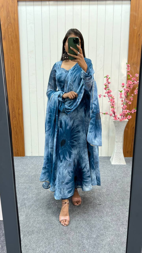 Dusty Blue Elegant Prussian Blue Anarkali Set – Lightweight Chiffon with Dupatta & Pant