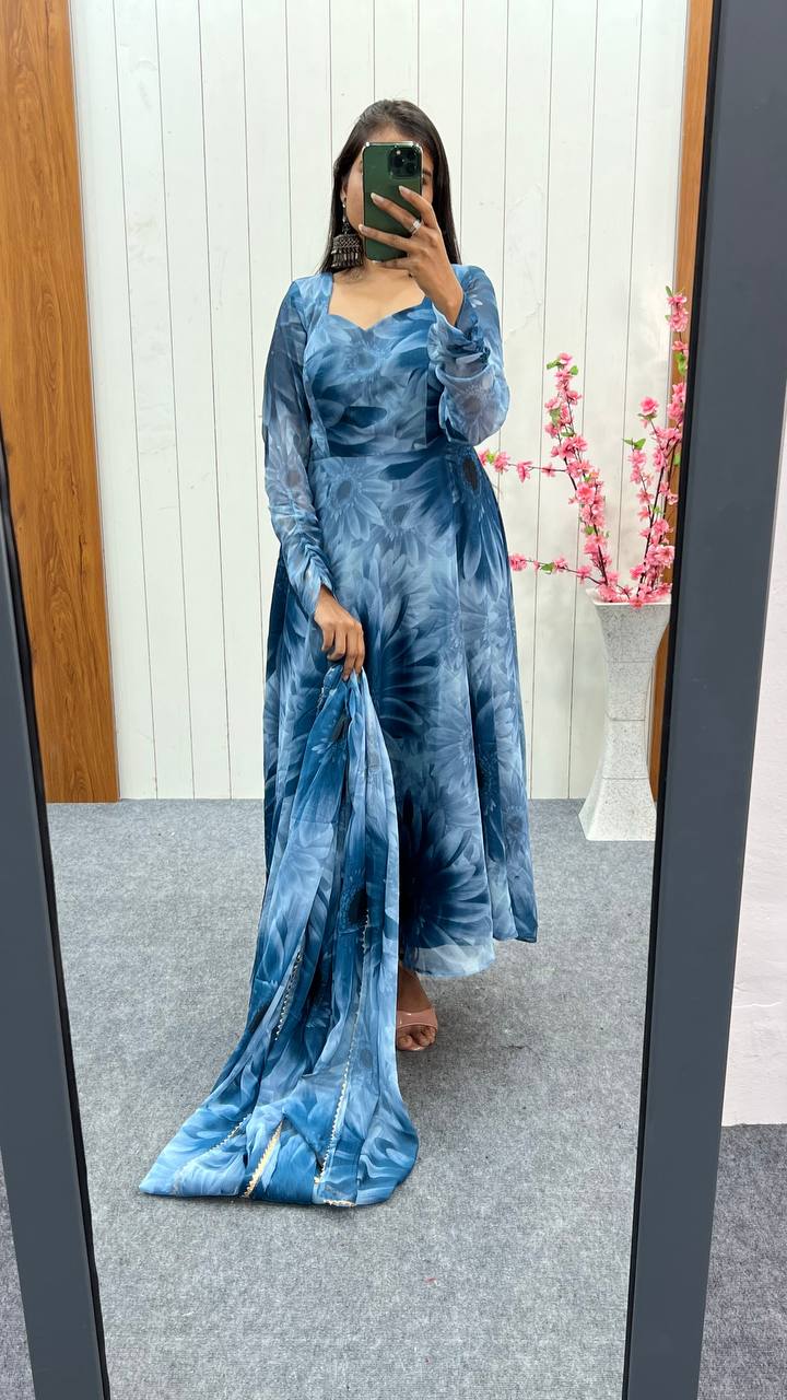 Dusty Blue Elegant Prussian Blue Anarkali Set – Lightweight Chiffon with Dupatta & Pant