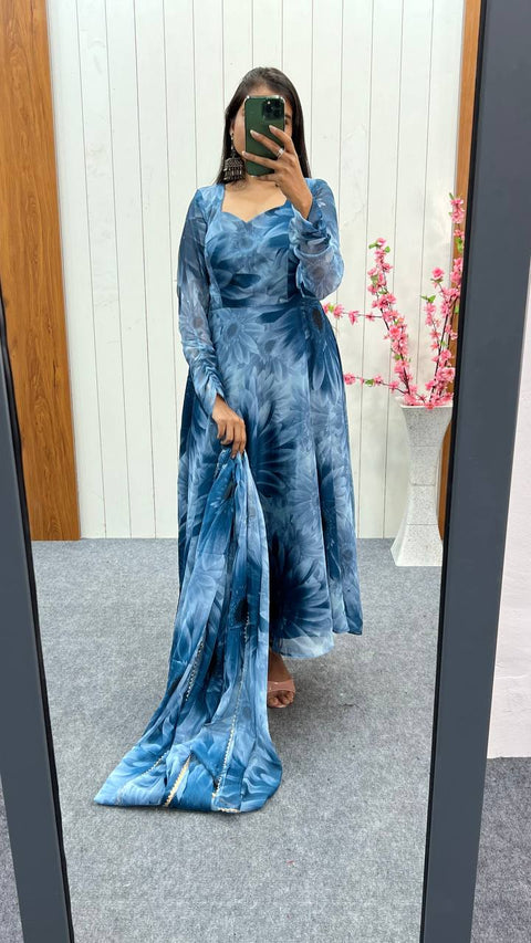 Dusty Blue Elegant Prussian Blue Anarkali Set – Lightweight Chiffon with Dupatta & Pant Main image
