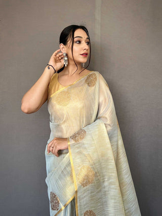 Dusty Blue Elegant Woven Tissue Silk Saree with Gold Accents Party & Festive Wear ClothsVilla
