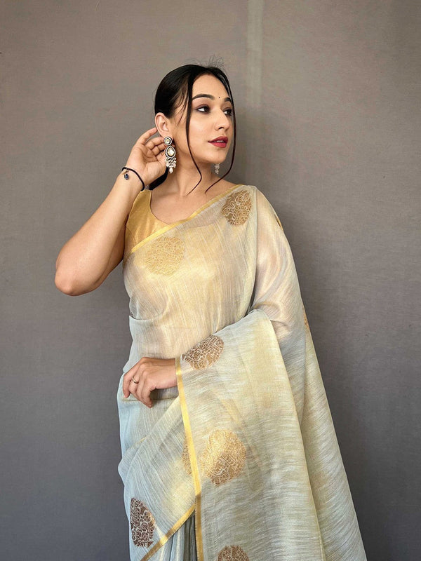 Dusty Blue Elegant Woven Tissue Silk Saree with Gold Accents Party & Festive Wear ClothsVilla