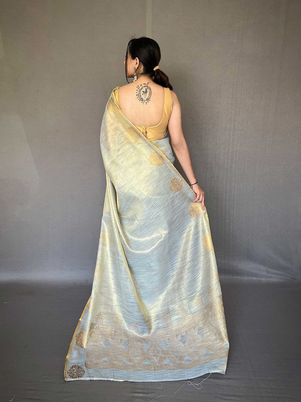 Dusty Blue Elegant Woven Tissue Silk Saree with Gold Accents Party & Festive Wear ClothsVilla