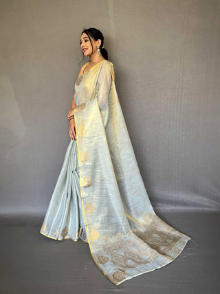 Dusty Blue Elegant Woven Tissue Silk Saree with Gold Accents Party & Festive Wear ClothsVilla