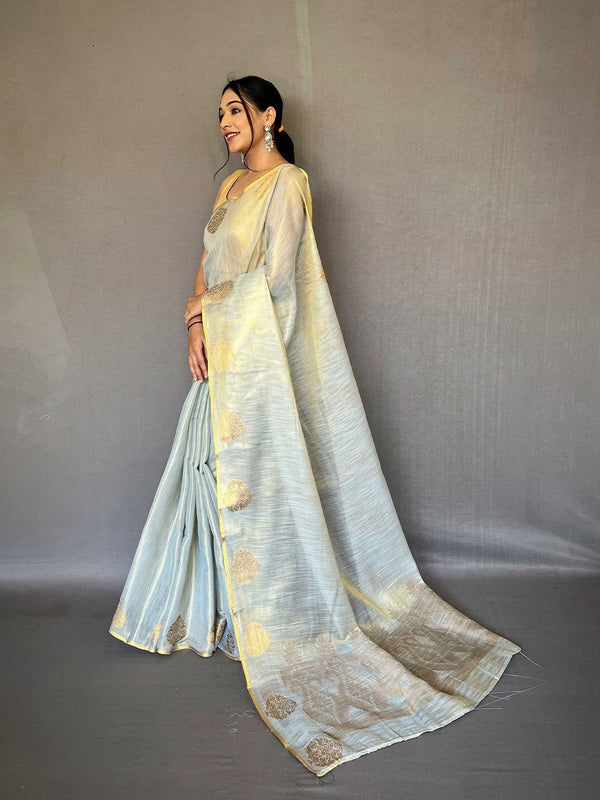 Dusty Blue Elegant Woven Tissue Silk Saree with Gold Accents Party & Festive Wear ClothsVilla