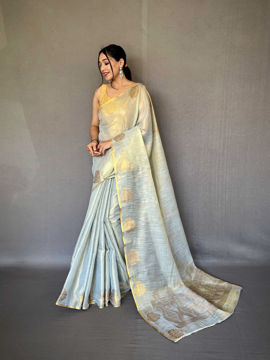 Dusty Blue Elegant Woven Tissue Silk Saree with Gold Accents Party & Festive Wear ClothsVilla
