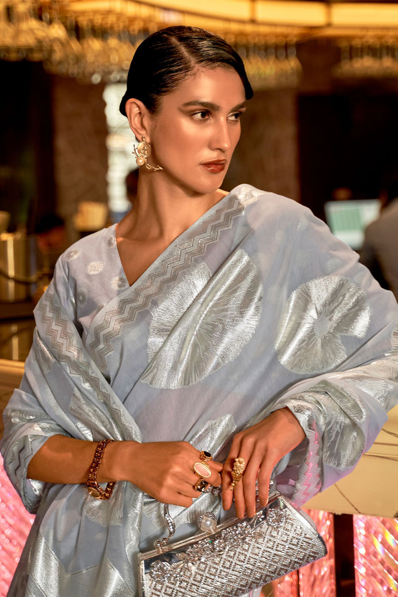 Dusty Blue Elora Fashion Banarasi Silk Unstitched Saree with Designer Border ClothsVilla