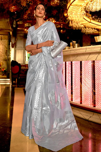 Dusty Blue Elora Fashion Banarasi Silk Unstitched Saree with Designer Border ClothsVilla