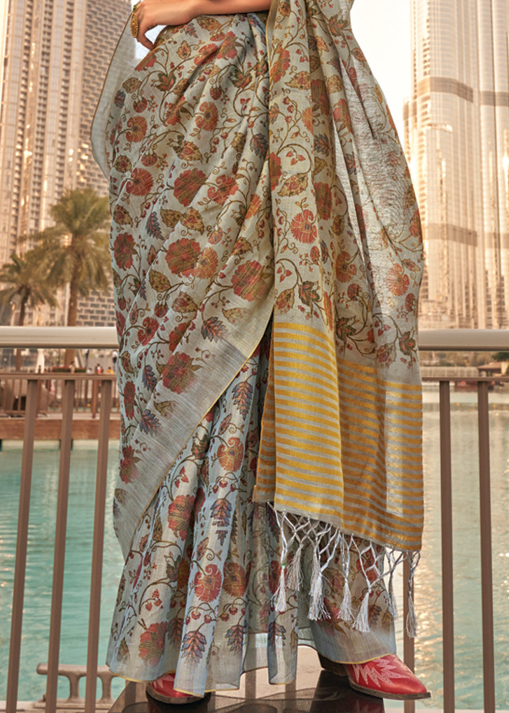 Dusty Blue Exquisite Blended Tissue Silk Saree with Blouse Piece ClothsVilla