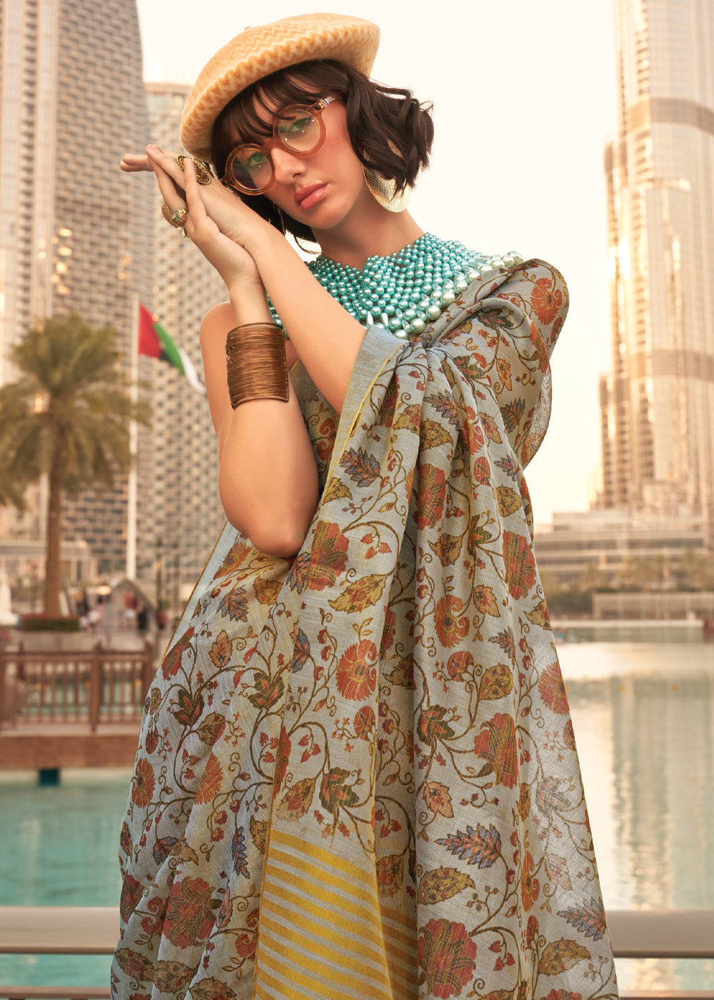 Dusty Blue Exquisite Blended Tissue Silk Saree with Blouse Piece ClothsVilla