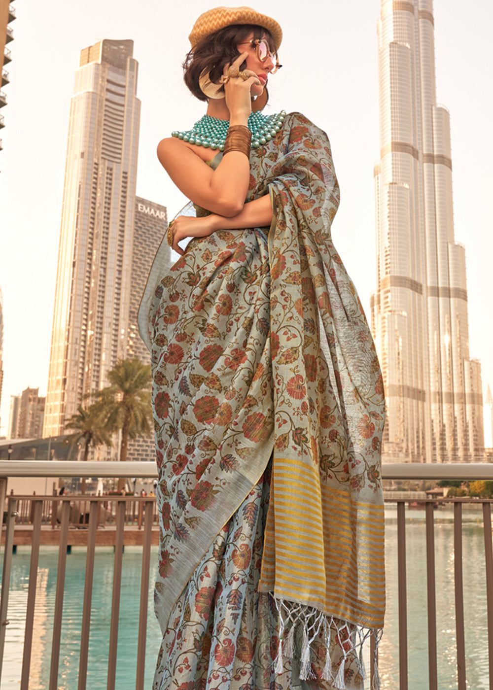 Dusty Blue Exquisite Blended Tissue Silk Saree with Blouse Piece ClothsVilla Main image