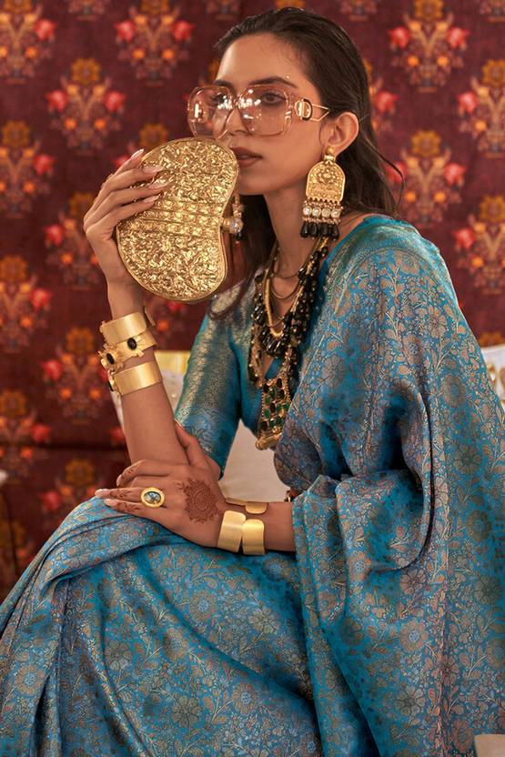 Dusty Blue Graceful Kanjivaram Silk Blend Saree – Woven Design ClothsVilla
