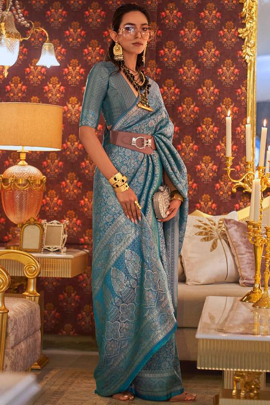 Dusty Blue Graceful Kanjivaram Silk Blend Saree – Woven Design ClothsVilla