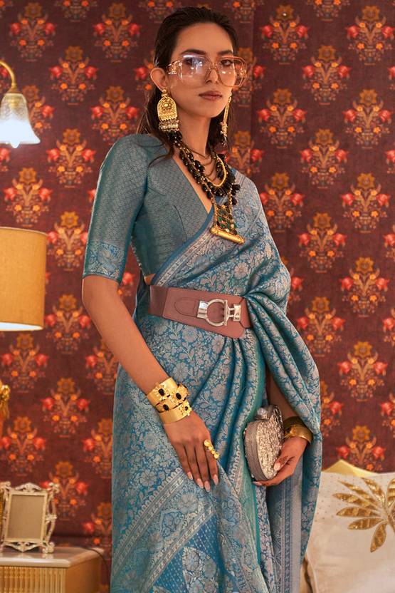 Dusty Blue Graceful Kanjivaram Silk Blend Saree – Woven Design ClothsVilla