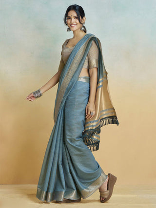 Dusty Blue Graceful Woven Handloom Pure Cotton Saree with Chanderi Cotton Clothsvilla