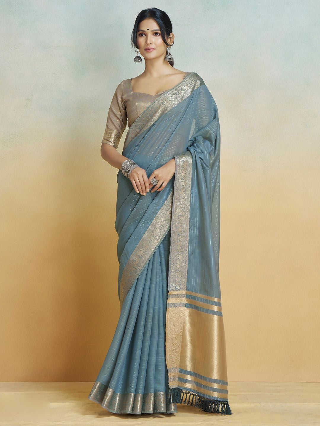 Dusty Blue Graceful Woven Handloom Pure Cotton Saree with Chanderi Cotton Clothsvilla