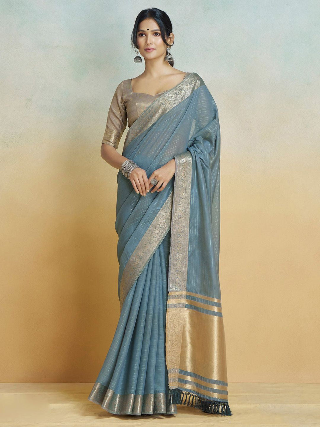 Dusty Blue Graceful Woven Handloom Pure Cotton Saree with Chanderi Cotton Clothsvilla