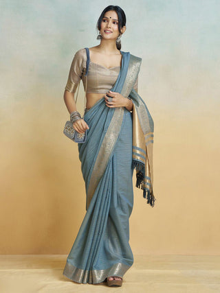 Dusty Blue Graceful Woven Handloom Pure Cotton Saree with Chanderi Cotton Clothsvilla