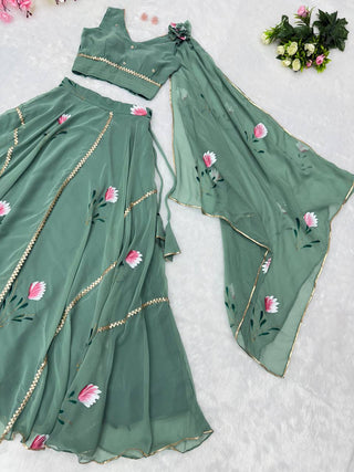 Dusty Blue Hand-Painted Georgette Draped Dupatta Lehenga Set Clothsvilla